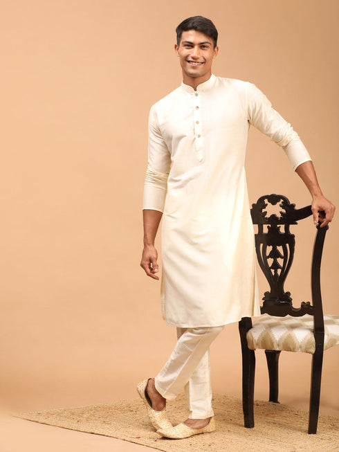 Men's Cream Viscose Kurta With Pant Set